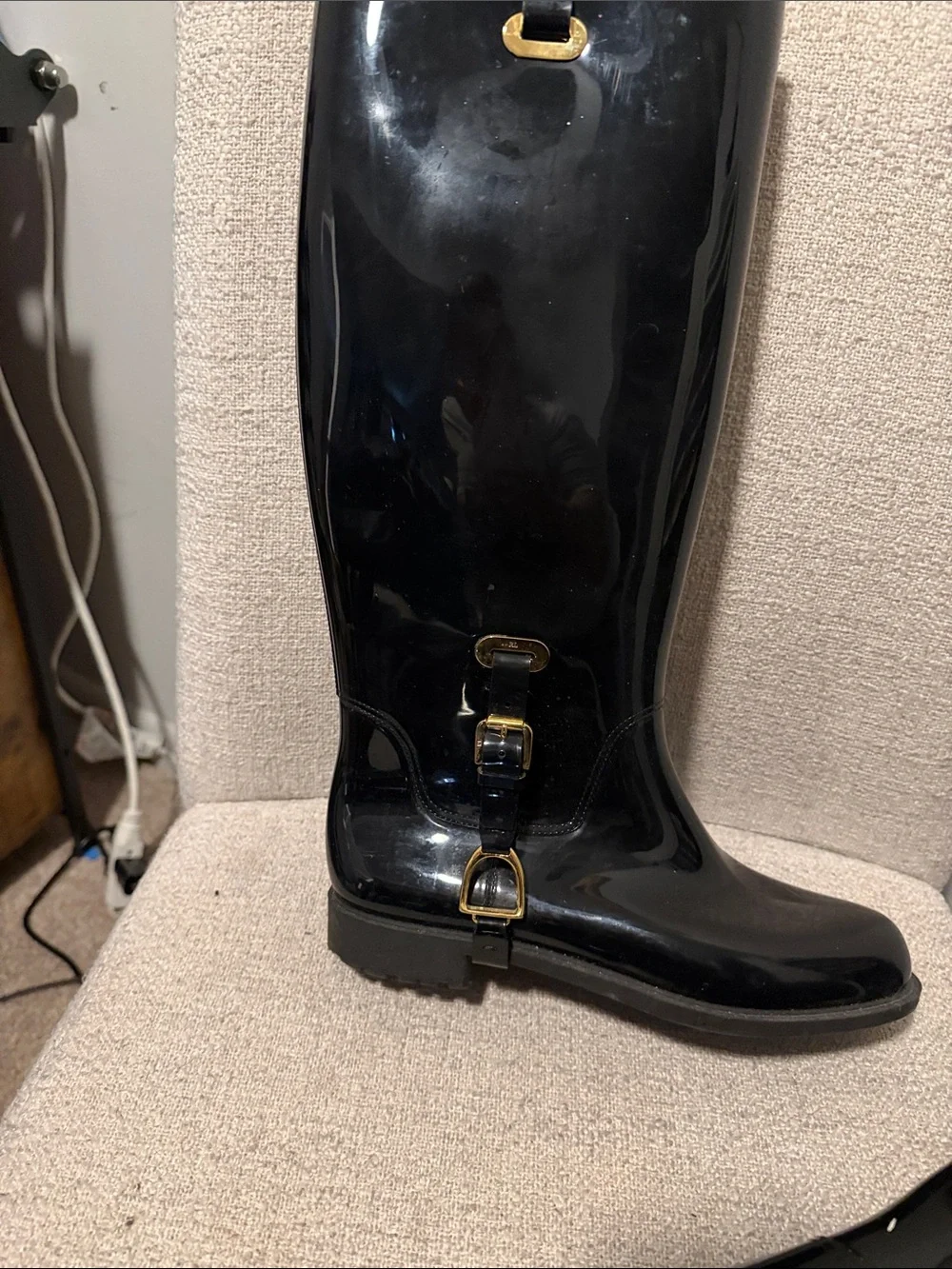 Women's Glossy Black Rain Boots with Gold Buckle Accent